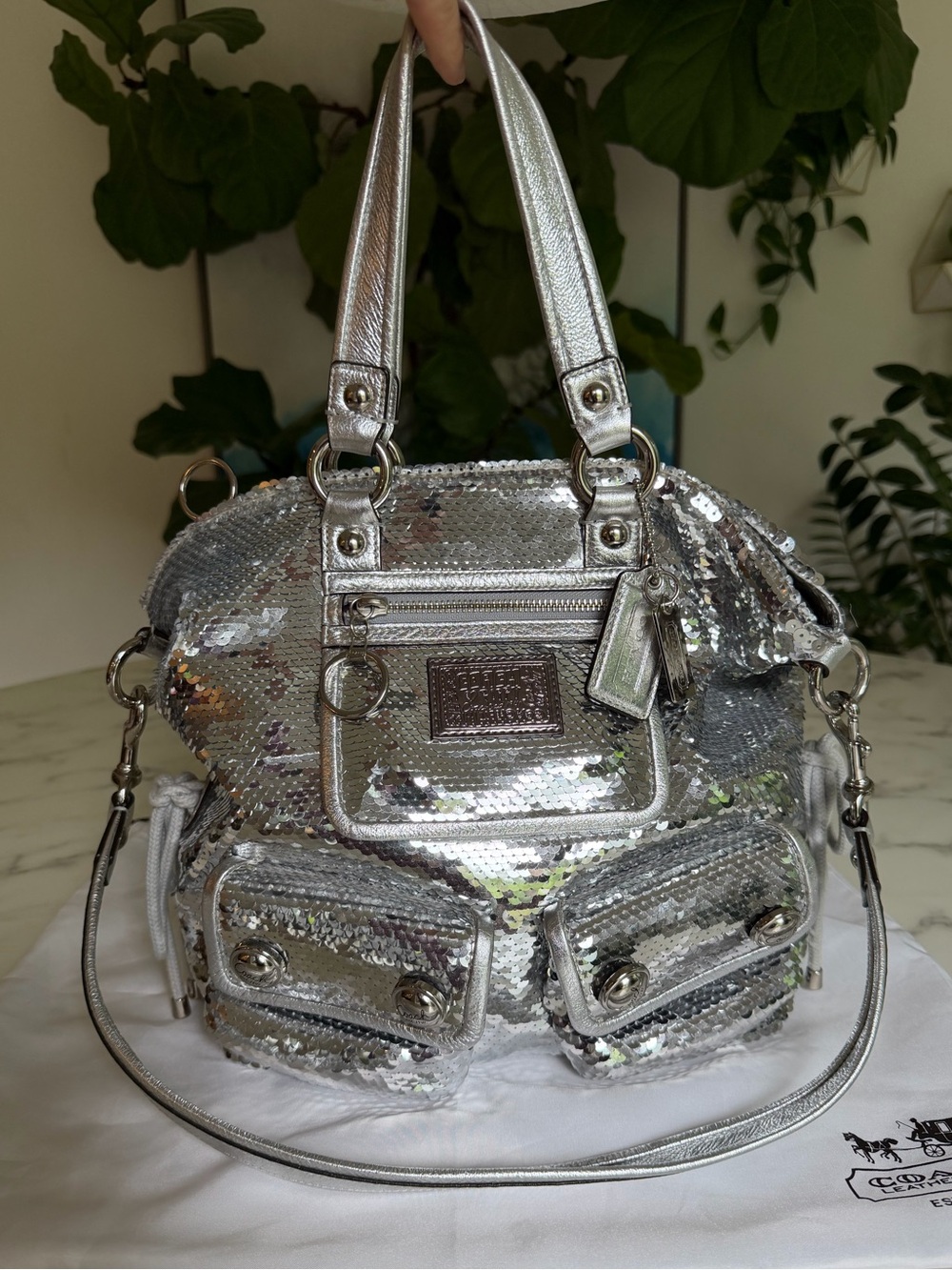 Coach Limited Edition Poppy Sequin Spotlight Tote Shoulder Bag 13821 Silver Y2K - Picture 16 of 16
